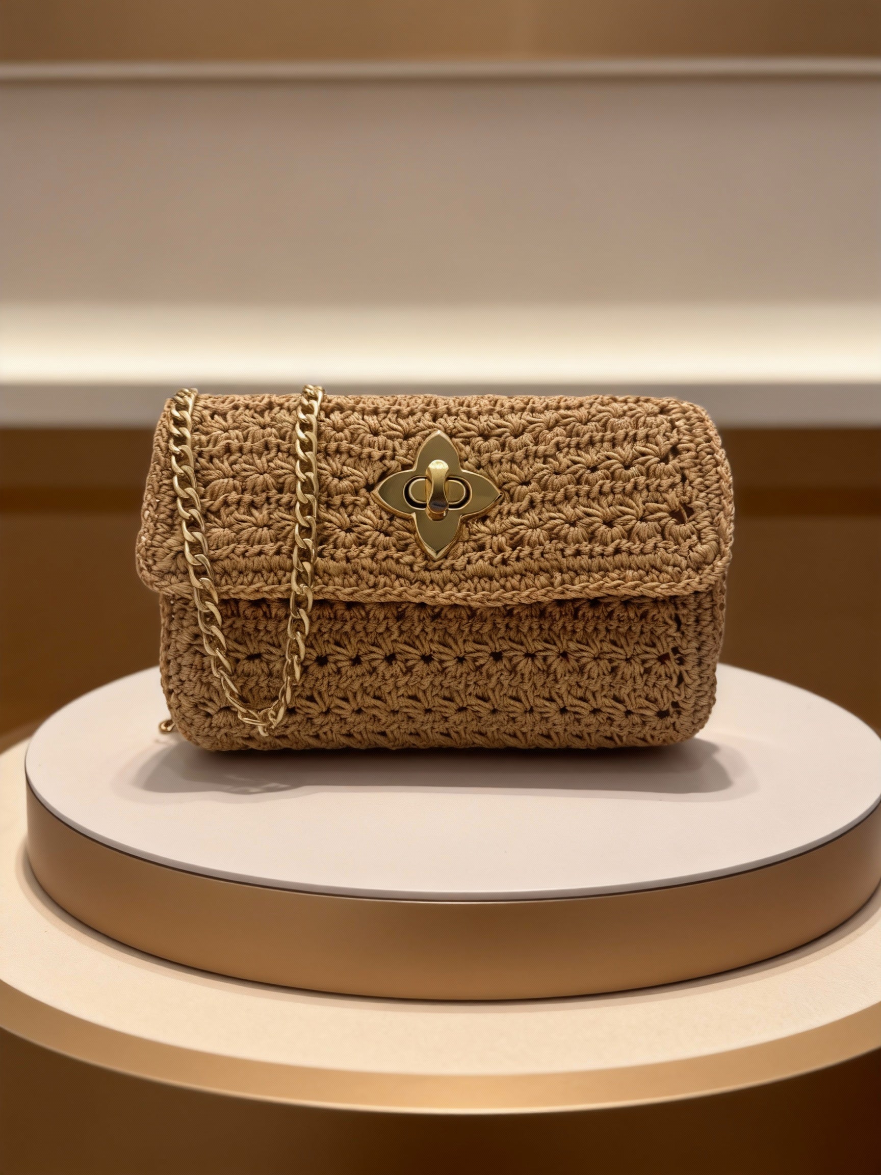 Handgehäkelte Crossbody-Tasche Natur mit Goldkette