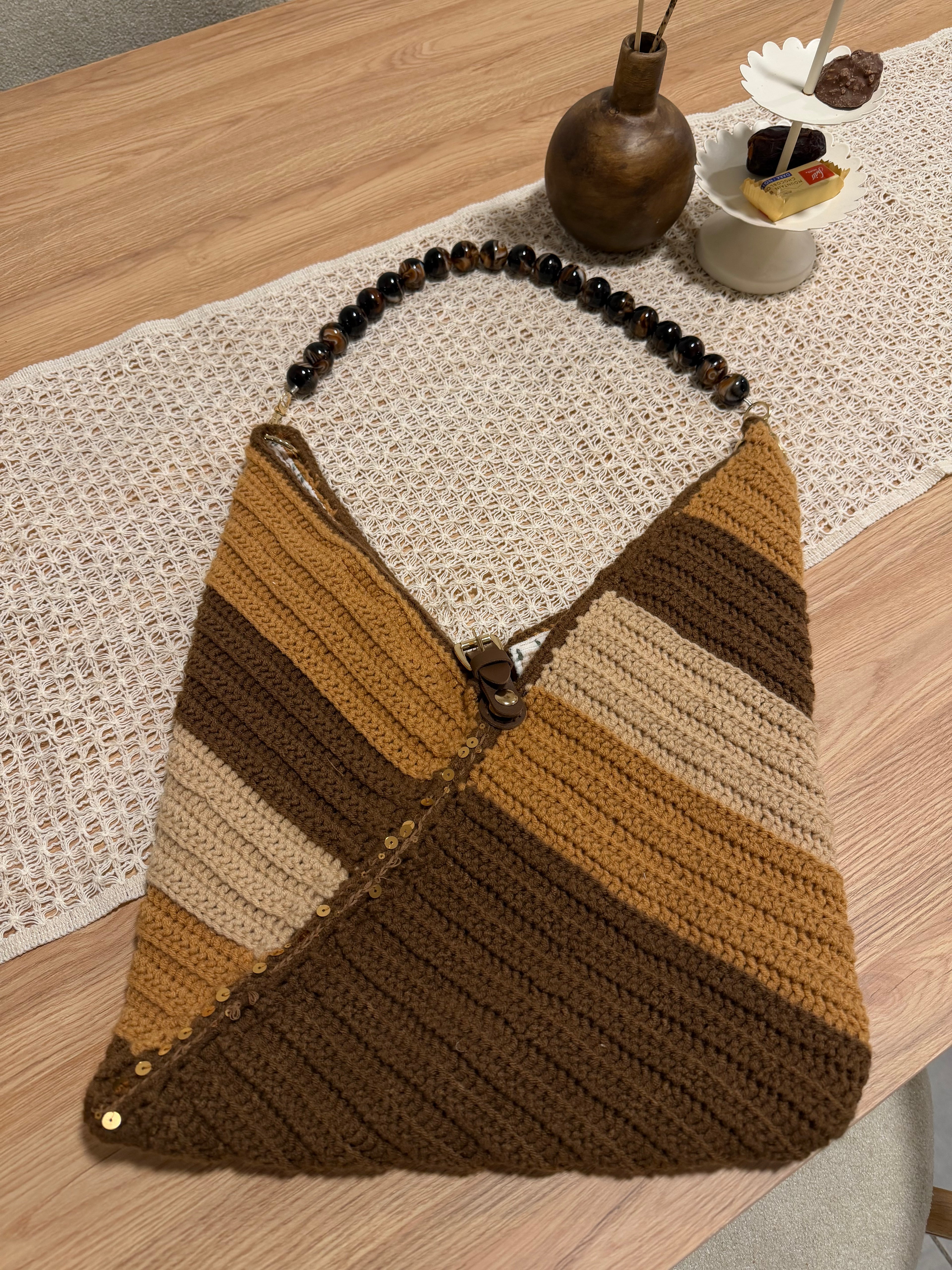 Boho Häkel-Tasche – Gestreift Braun