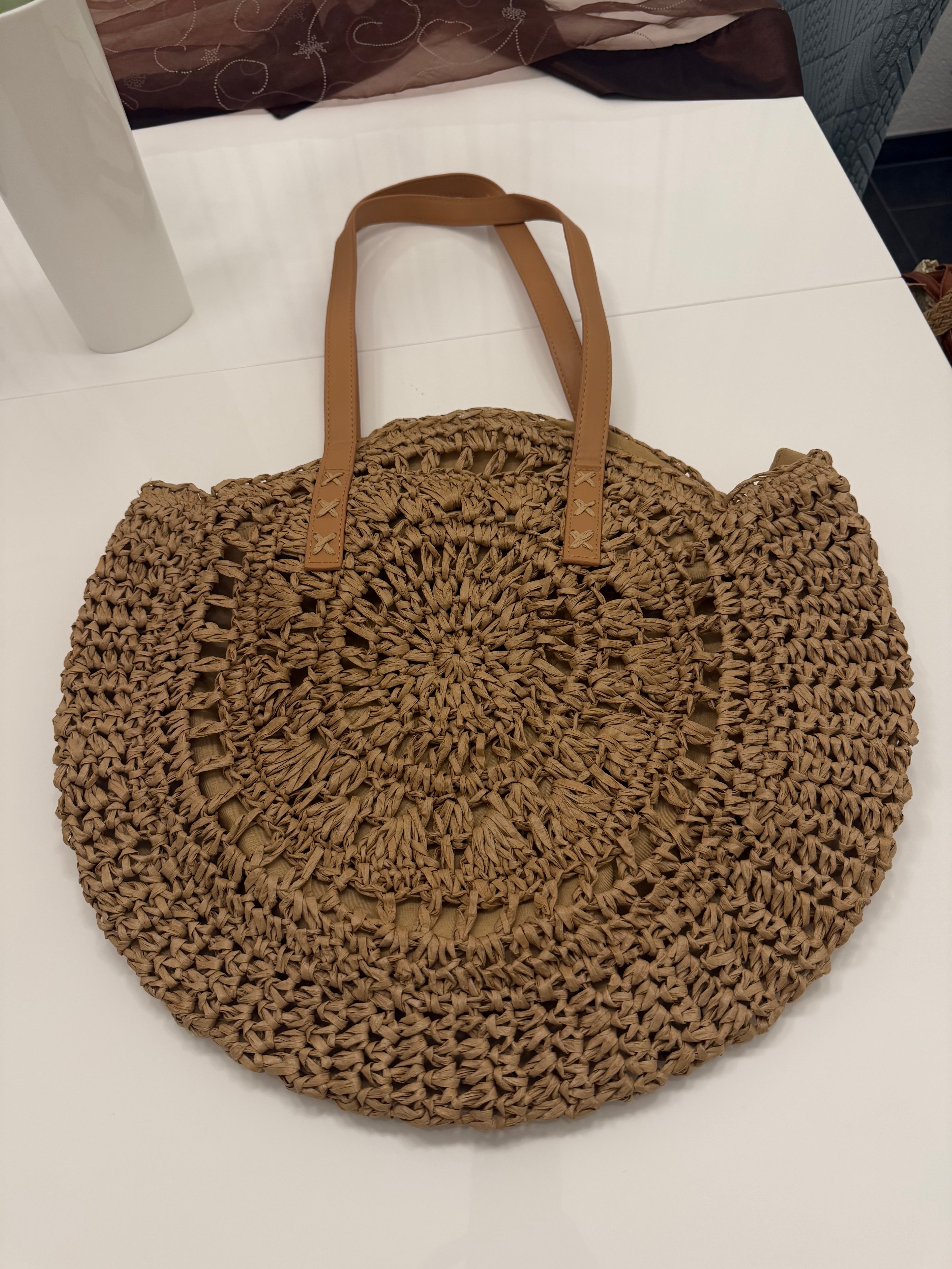 Runde Raffia Tote Bag Mandala Braun