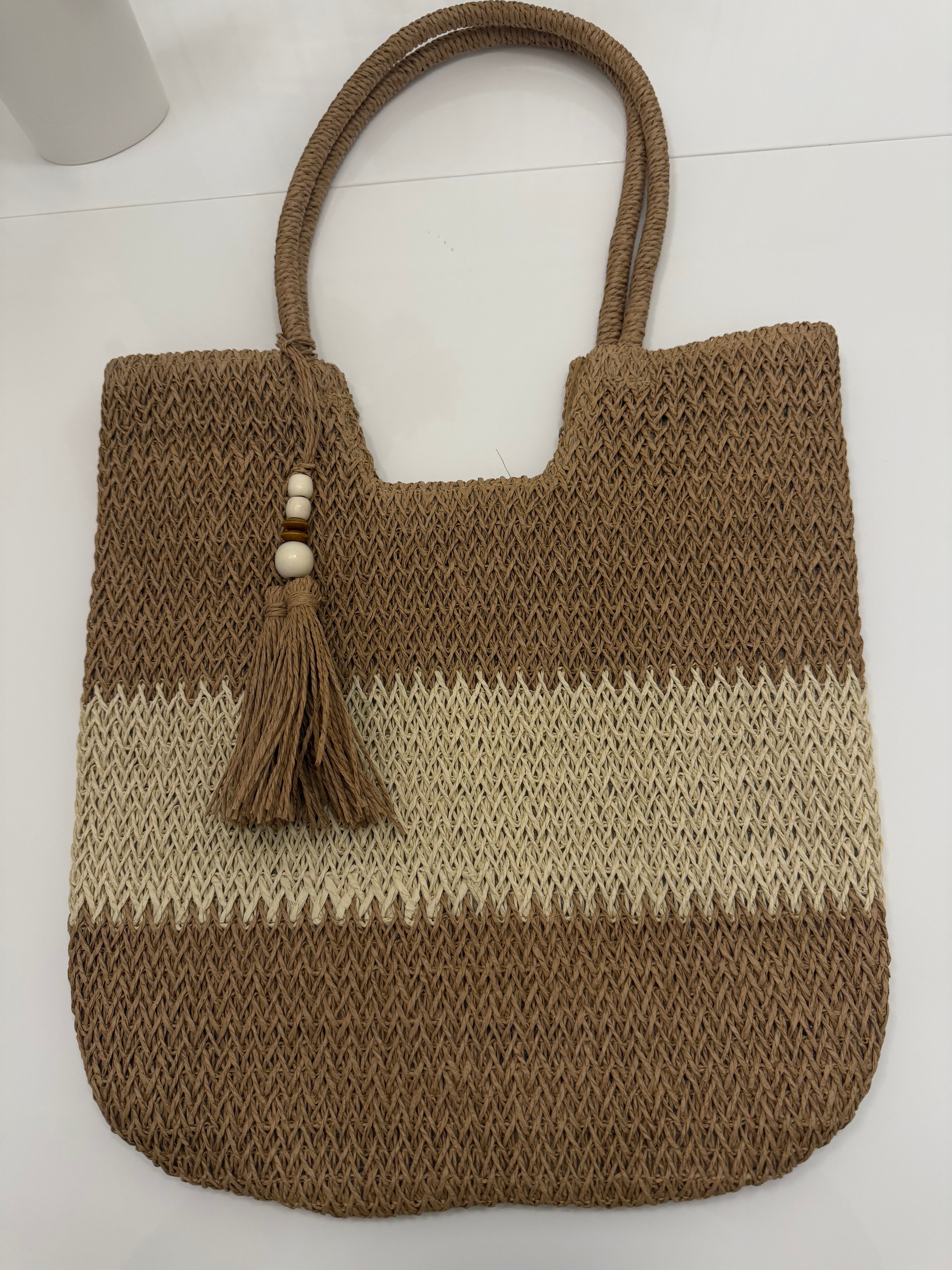 Raffia Tote Bag Streifen Braun-Creme