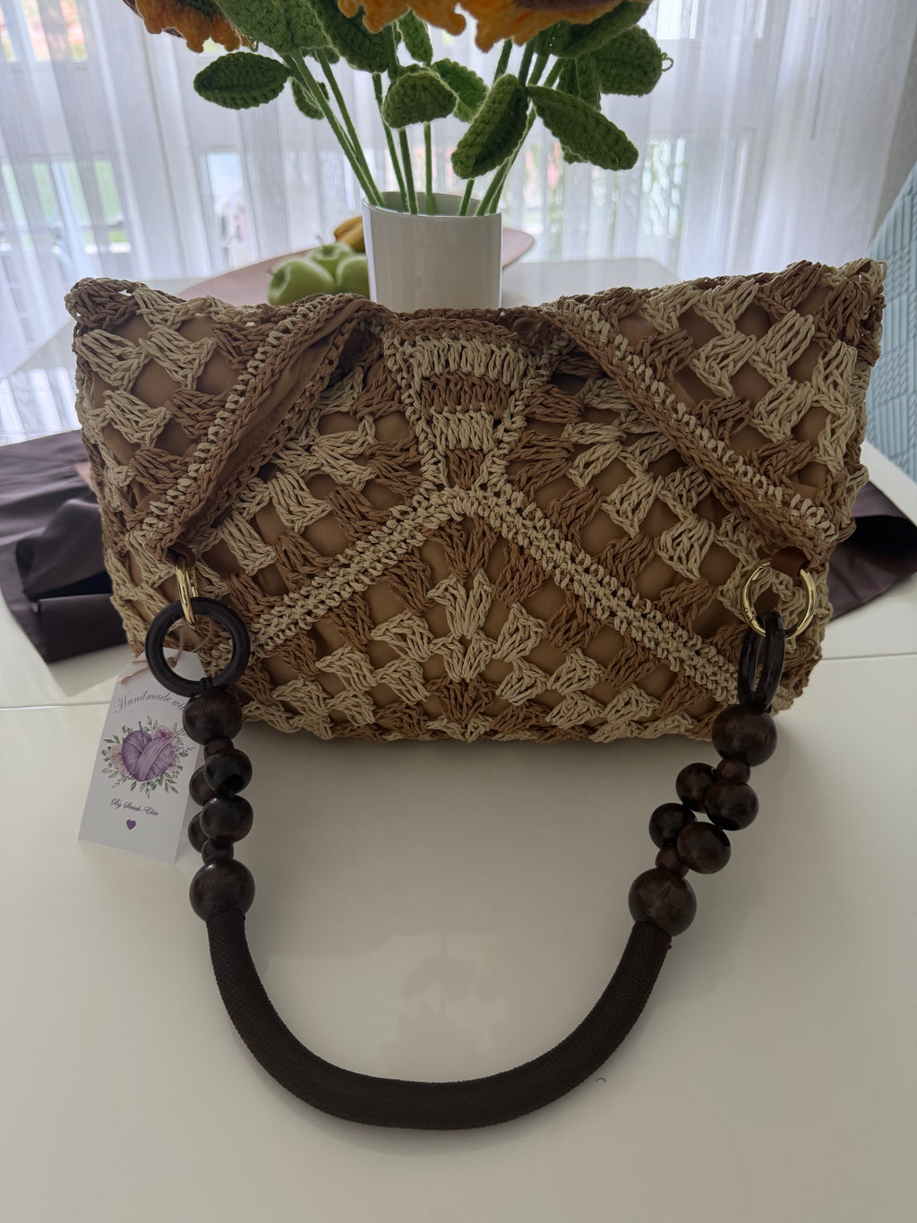 Boho Tote Bag – Häkel-Shopper mit Holzperlengriff