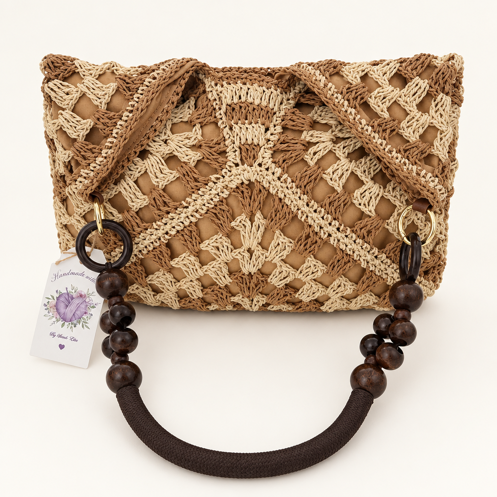 Bearbeitetes Produktfoto der Häkeltasche mit dunklem Perlenhenkel