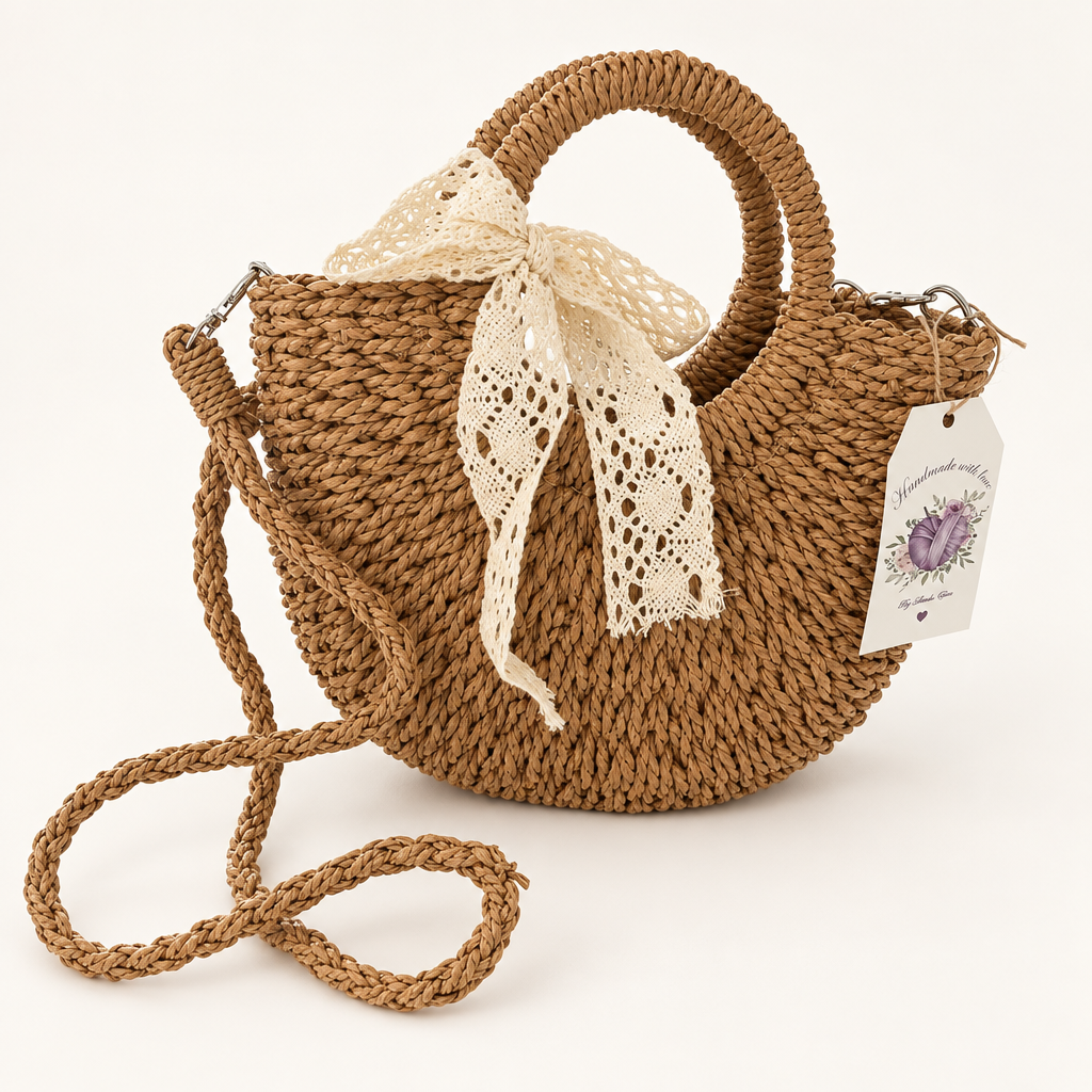 Bearbeitetes Produktfoto der naturfarbenen Tasche mit Spitzenschleife
