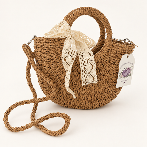 Bearbeitetes Produktfoto der naturfarbenen Tasche mit Spitzenschleife